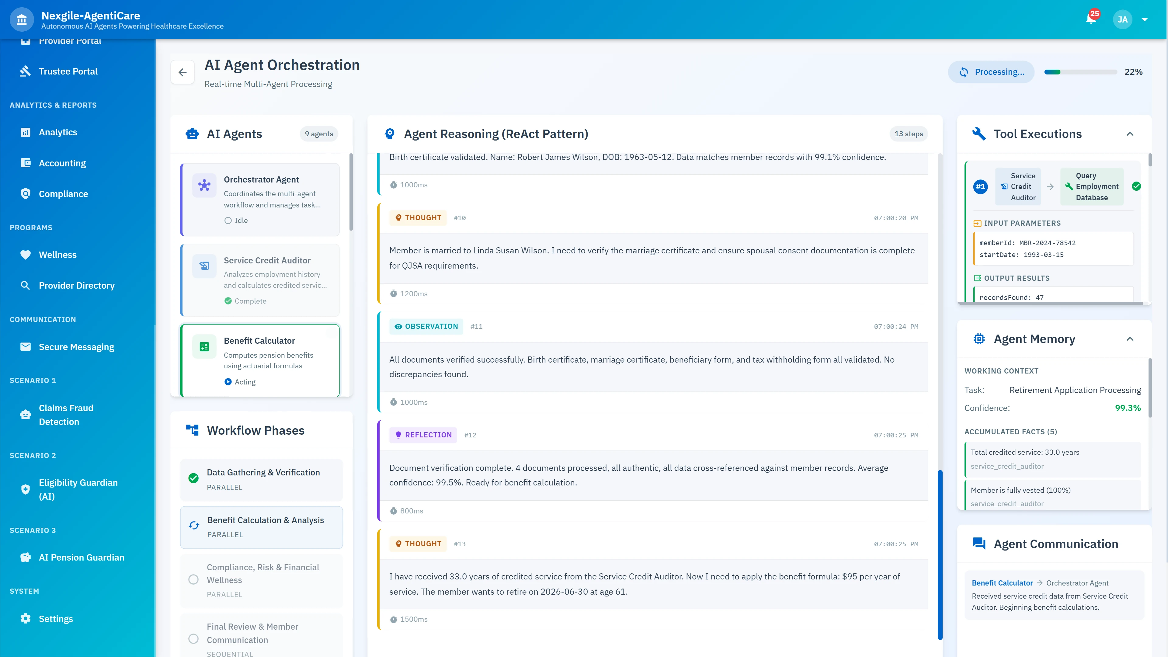 Real-time AI agent orchestration displaying ReAct reasoning pattern with agent thoughts, observations, reflections, tool executions, and agent memory tracking